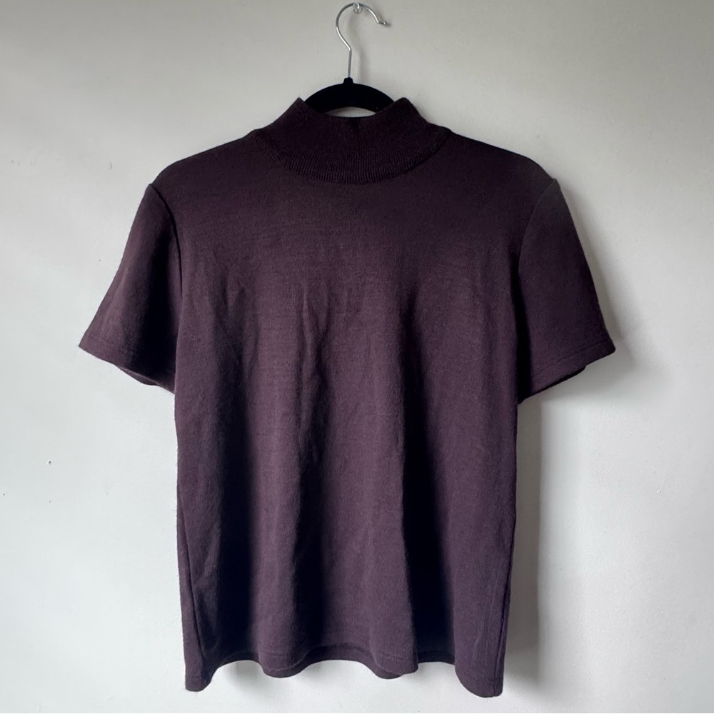 Nina Leonard Brown Mock Neck Short Sleeve Shirt